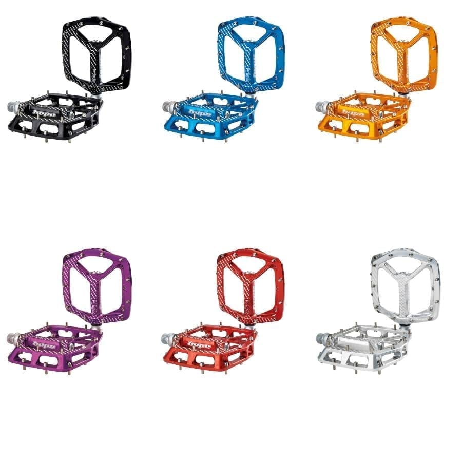 Hope F22 flat pedals in multiple anodized colors