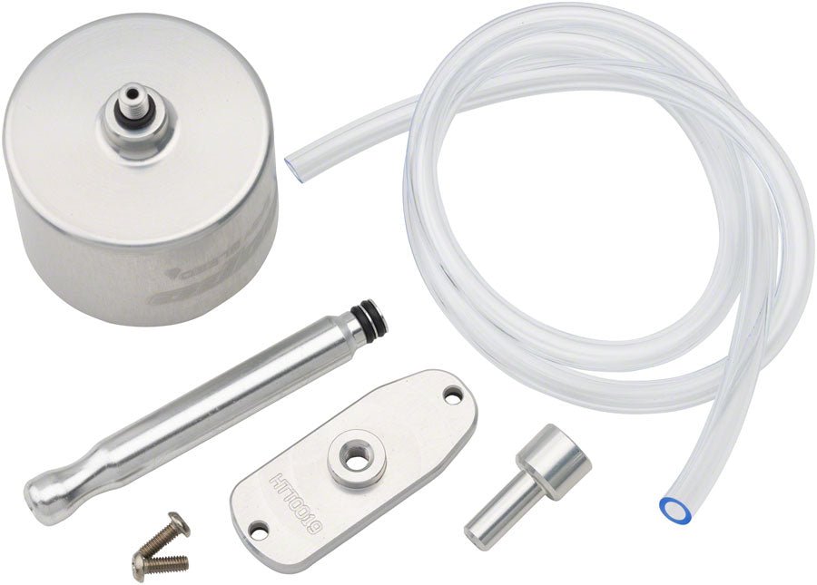 Hope Tech 4 Easy Brake Bleed Kit components including funnel adapter, hose, bleed plate, and fittings