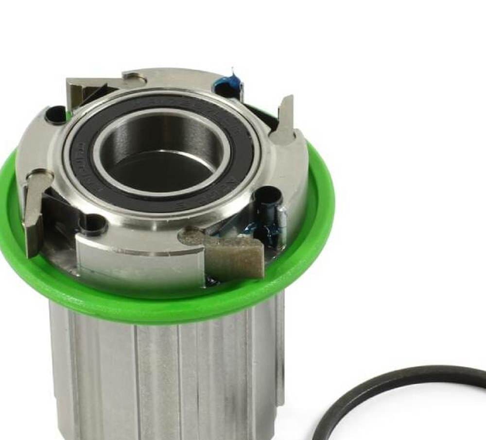 Close-up of Hope Pro 4 Shimano Steel freehub pawls bearing and green seal
