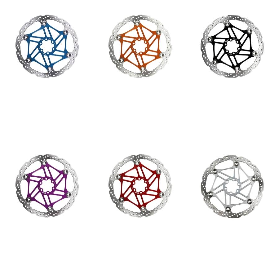 Hope V4 Vented 6 Bolt floating rotors shown in multiple anodized carrier colors