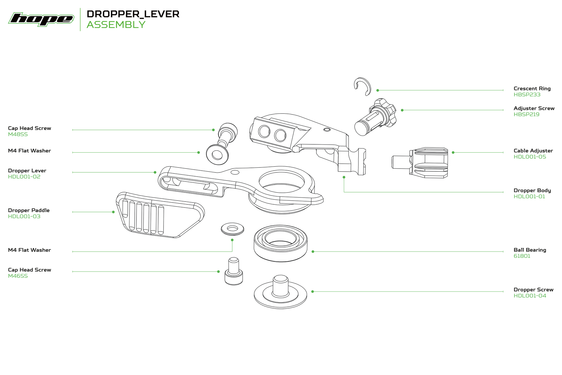 Hope Dropper Lever exploded view showing paddle, cable adjuster, bearing, body, screws, and hardware