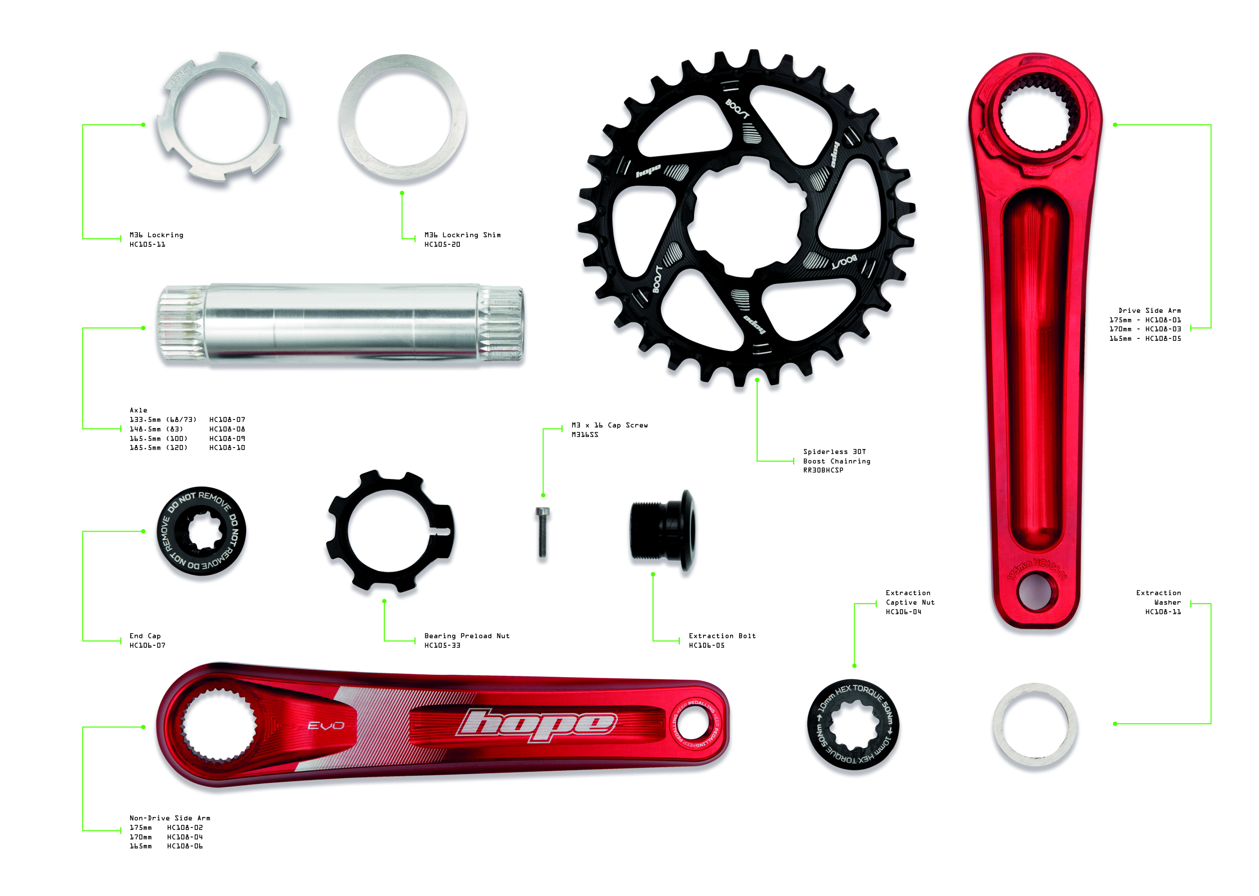 Hope EVO crankset arms axle chainring and small parts exploded studio view