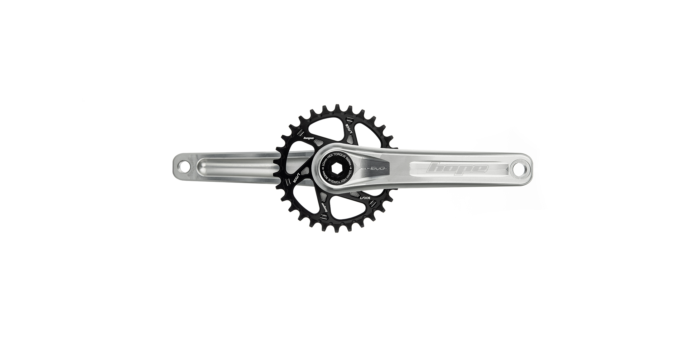 Hope EVO crankset with silver crank arms and black chainring