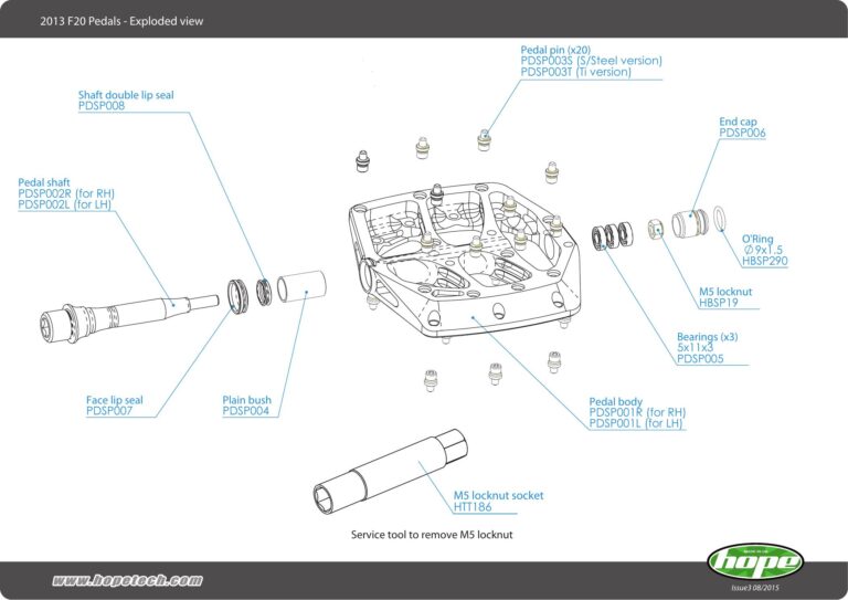 Hope F20 pedal exploded view showing body axle pins bearings bush seals and service tool
