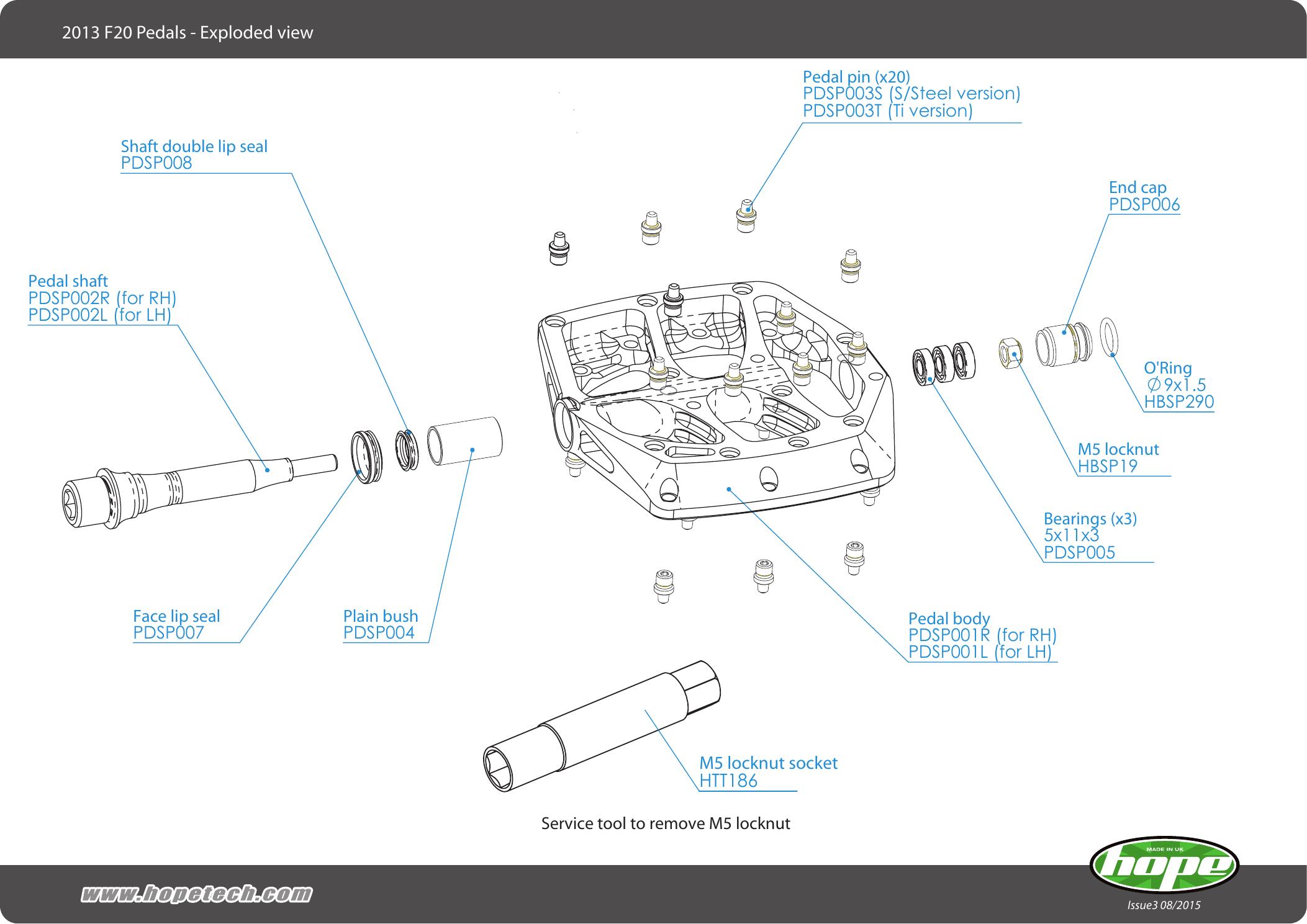 Hope F20 pedal exploded view showing body axle pins bearings bush seals and service tool