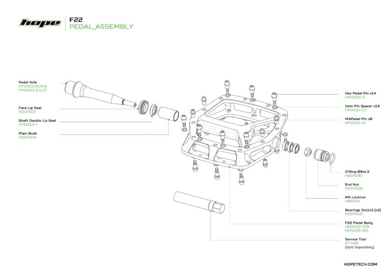 Hope F22 pedal exploded service diagram showing pins bearings seals bush axle and service tool