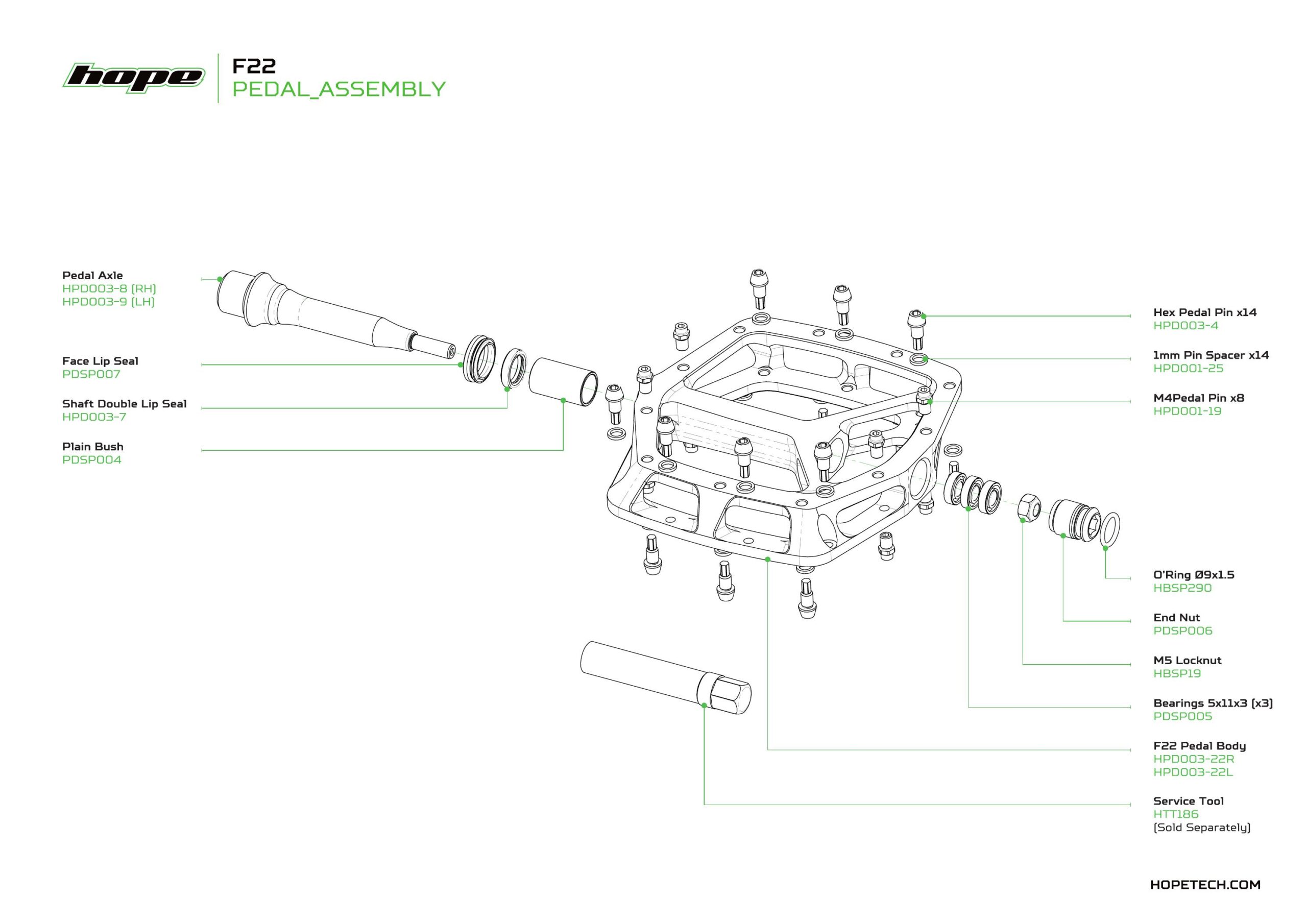 Hope F22 pedal exploded service diagram showing pins bearings seals bush axle and service tool