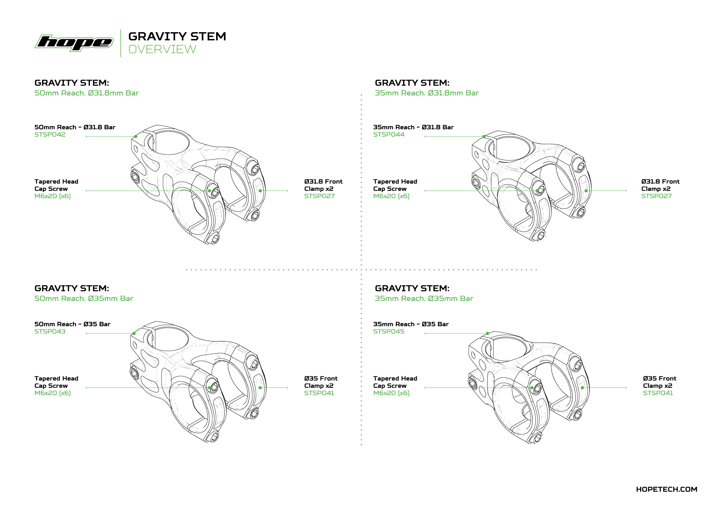 Hope Gravity Stem overview diagram showing 35mm and 50mm reach options with 31.8mm and 35mm bar clamps