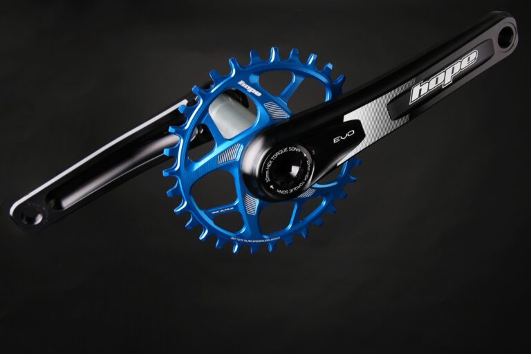 Hope R22 spiderless chainring mounted on a Hope crank with blue chainring finish