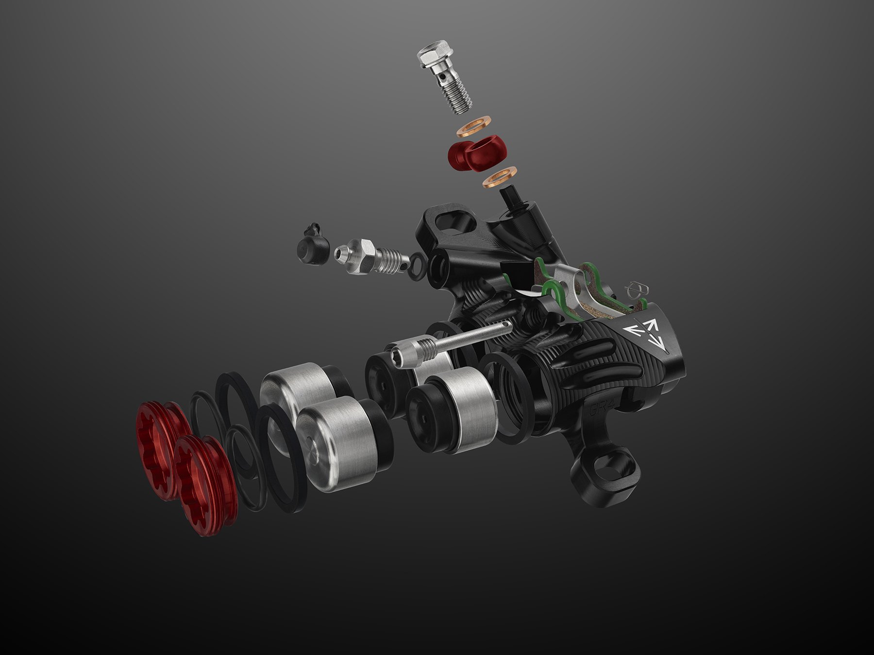 Hope Tech 4 EVO GR4 caliper exploded view showing pistons, bore caps, pads, and fittings