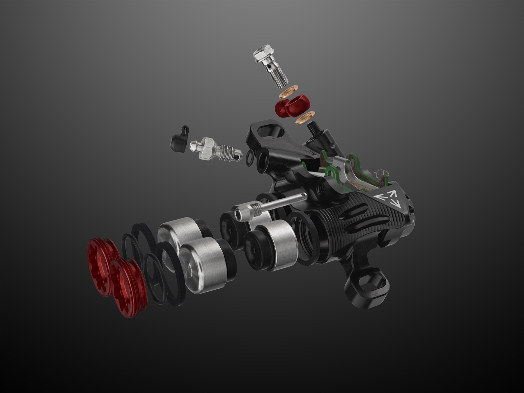 Hope Tech 4 EVO TR4 four piston caliper with black body and purple bore caps