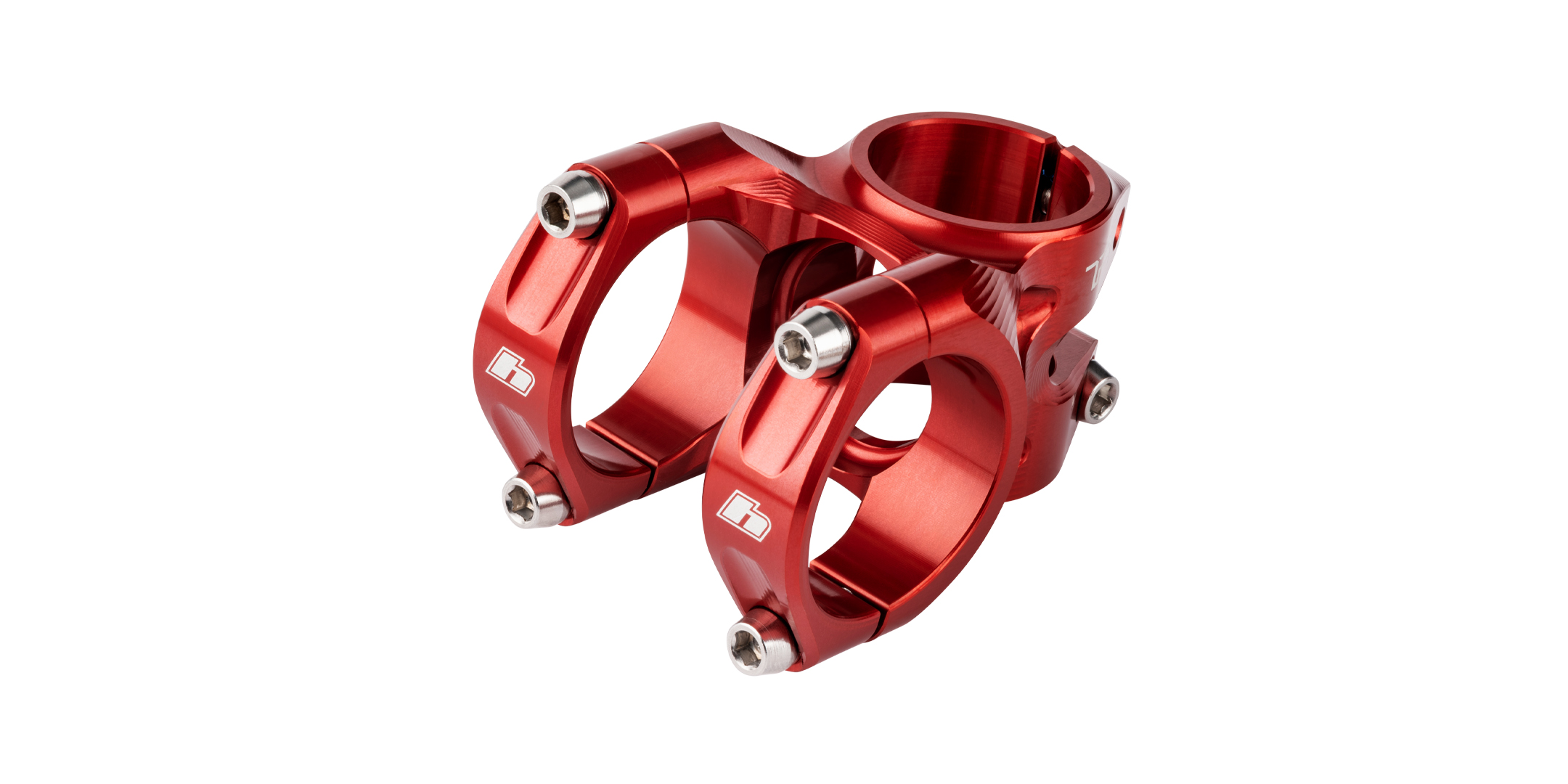 Hope TR Stem in red anodized finish showing steerer clamp and separate handlebar clamps