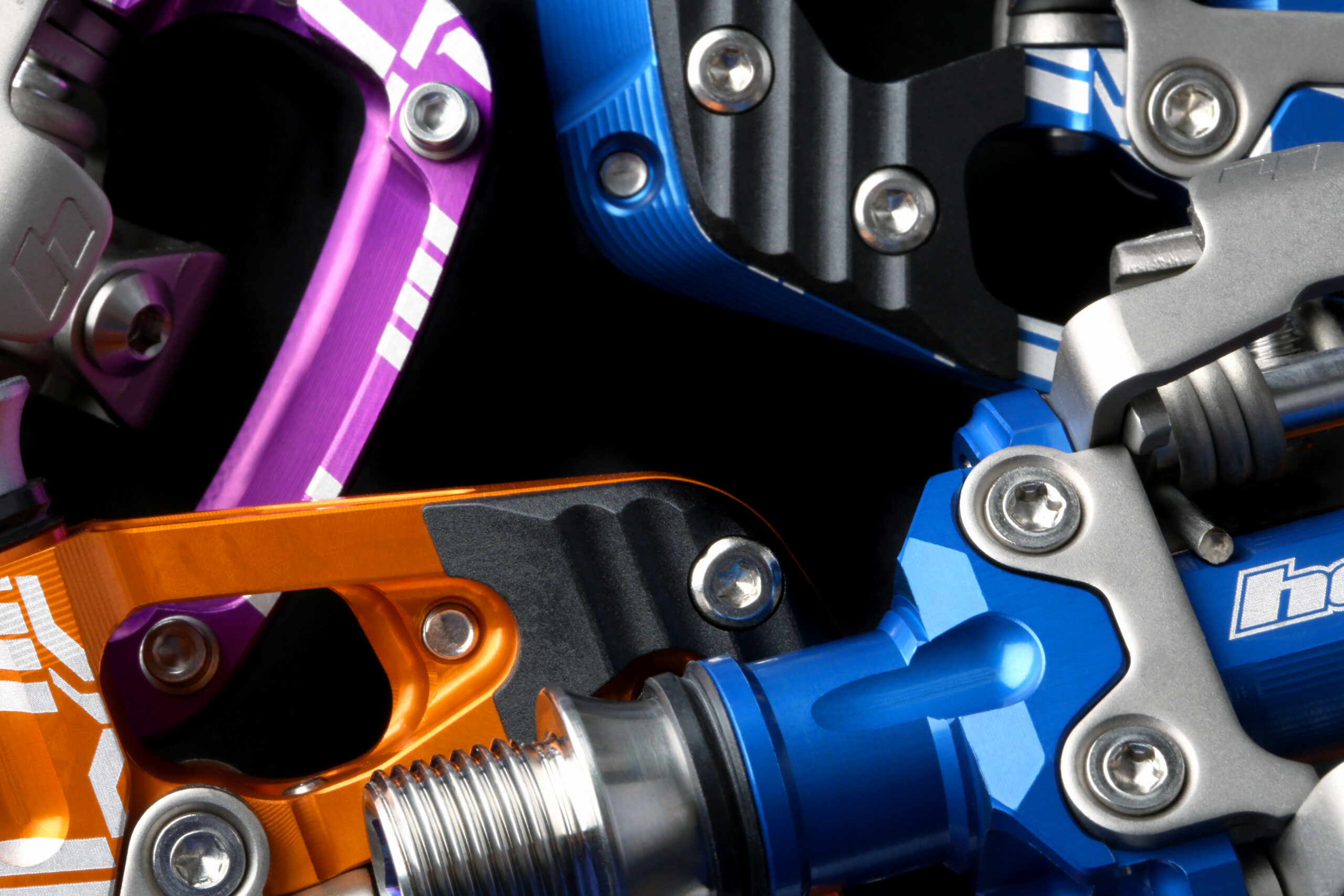 Hope Union clipless pedals in multiple anodized colors